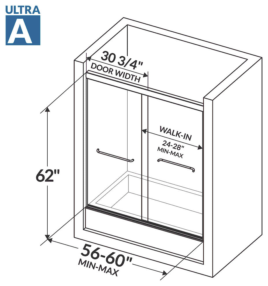 Modern Bypass Bathtub Door Ultra-A, 56-60"x62", Chrome