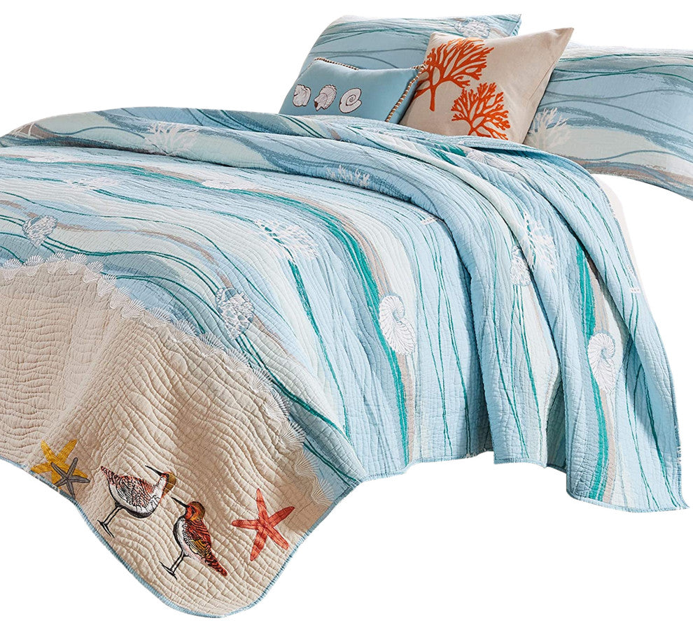 Benzara BM101969 4 Piece Twin Size Fabric Quilt Set With Coastal Prints, Blue