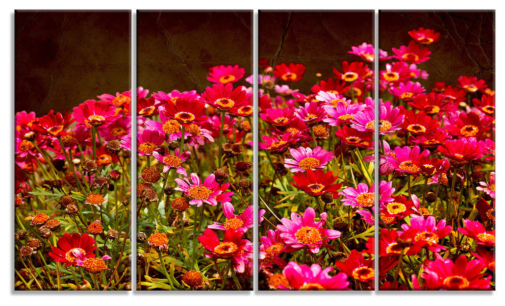 Small Red Flowers in Spring Photo, Floral Canvas Artwork, 48"x28", 4 Panels