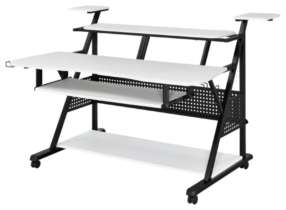 Benzara BM276207 Music Desk Workstation, Speaker Shelf, Keyboard Tray, White