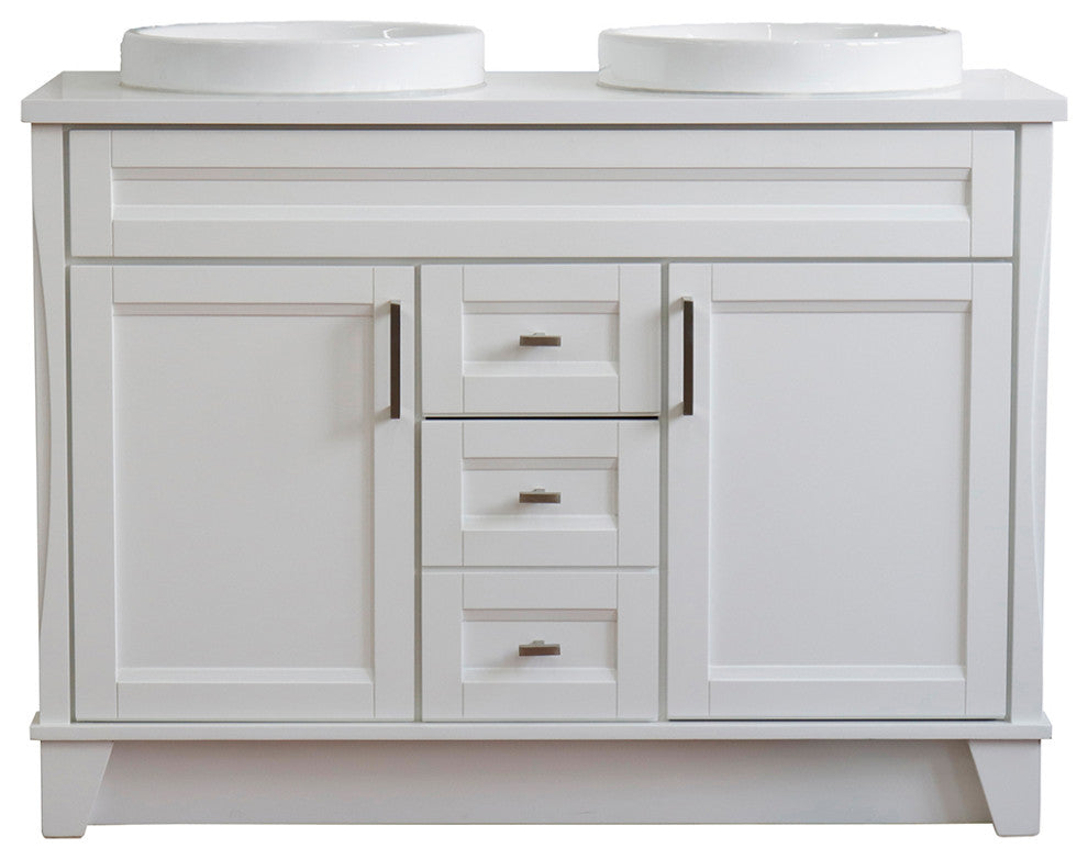 48" Double Sink Vanity, White Finish With Engineered Stone Top And Round Sink