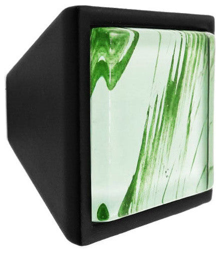 Hand Brushed Random Green Strokes Crystal Glass Black Metal Square Frustum Knob