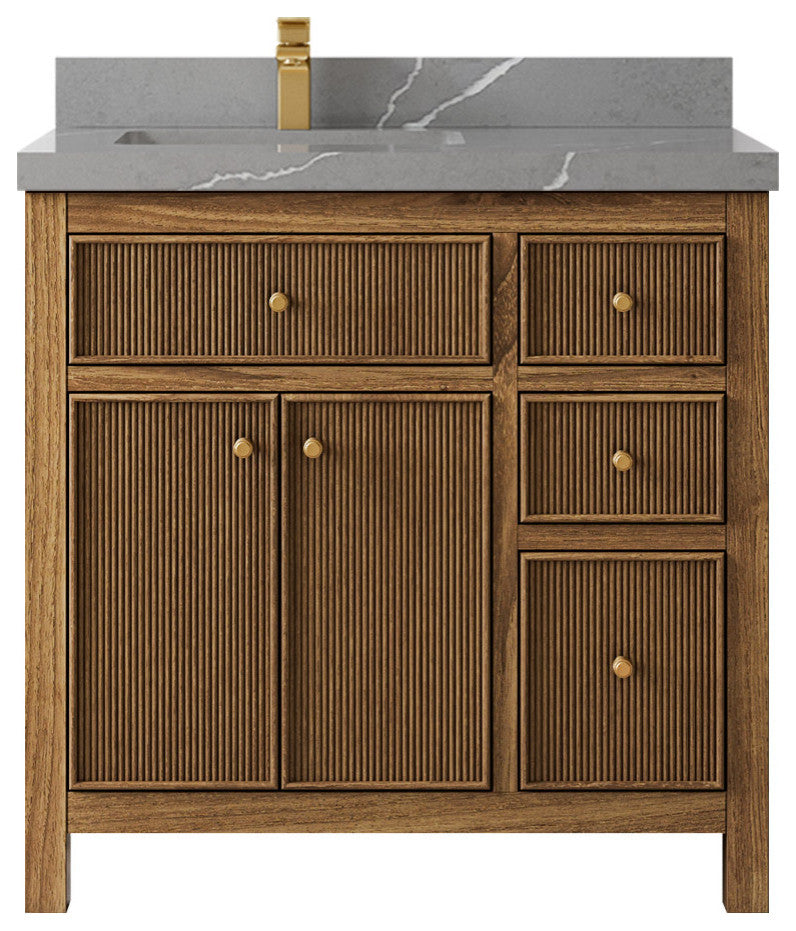 Sonoma Teak 36 Left Offset Bath Vanity in Dark Natural with 2" Piatra Gray