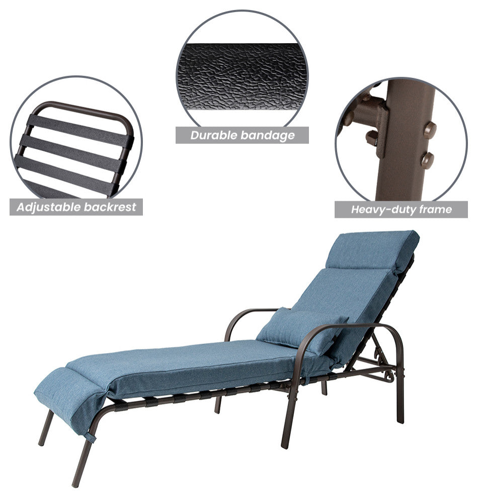 Set of 2 Adjustable Chaise Lounge Chair with Cushion & Pillow, Dark Blue
