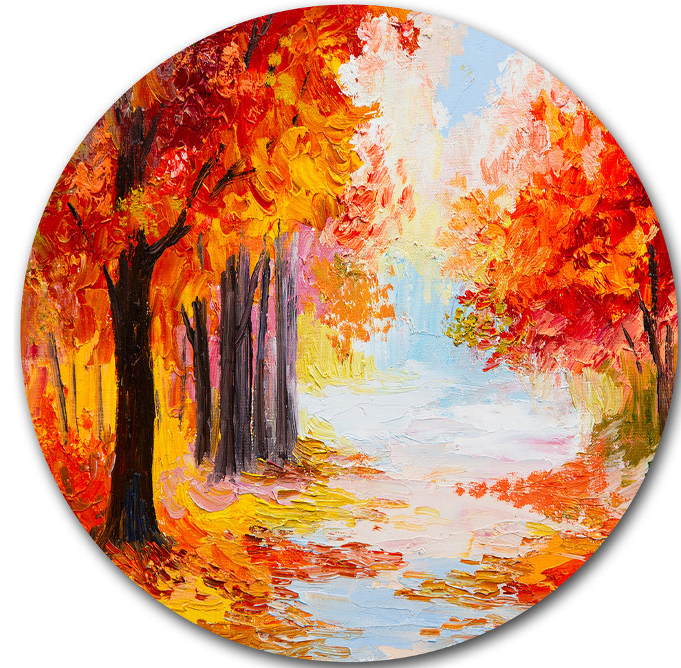 Orange Forest In Autumn, Landscape Disc Metal Artwork, 36"