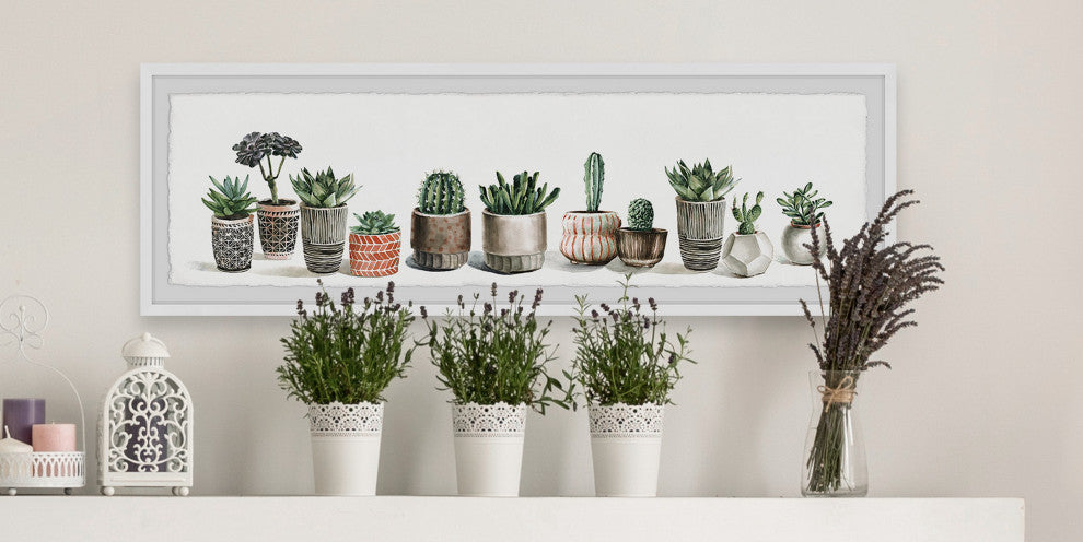 "Colored Pots and Cactus" Framed Painting Print, 30"x10"