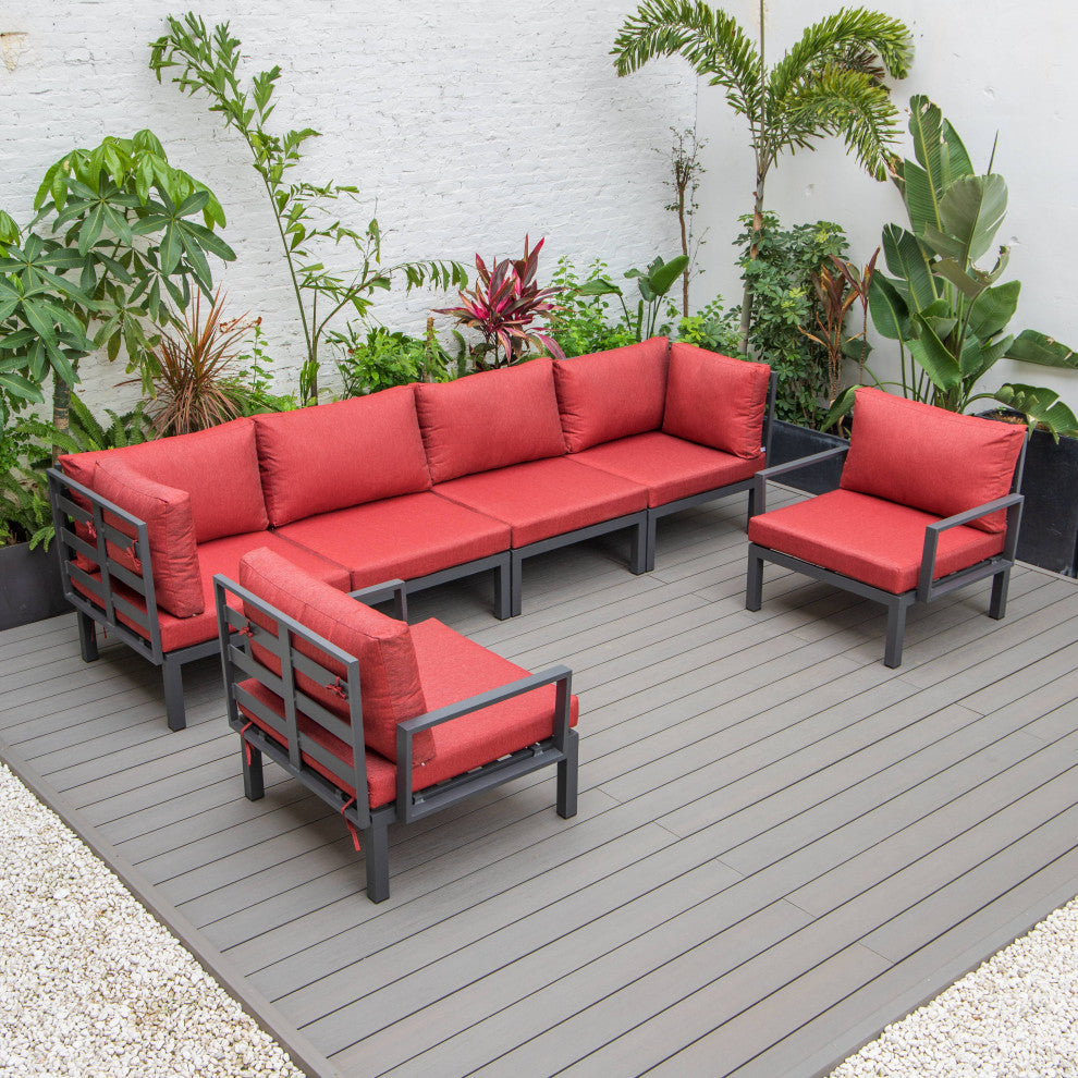 LeisureMod Hamilton 6-Piece Modular Patio Sectional Set With Cushion, Red