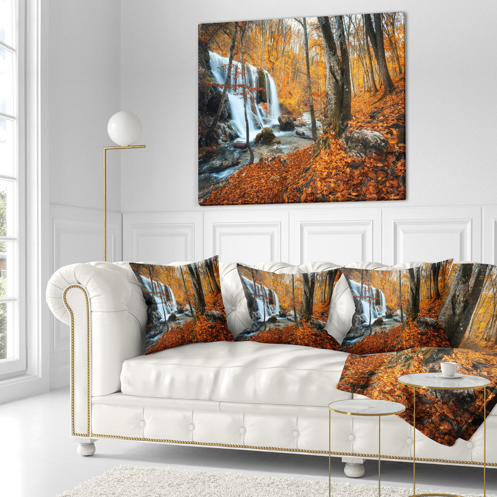 Autumn Mountain Waterfall Close View Landscape Photography Throw Pillow, 16"x16"