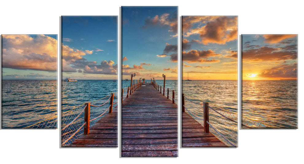 Brilliant Sunrise over Sea Pier, Large Modern Canvas Print, 60"x32", 5 Panels