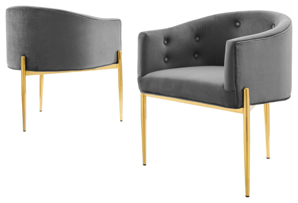 Tufted Accent Chair, Set of 2, Velvet, Metal, Gray, Modern, Lounge