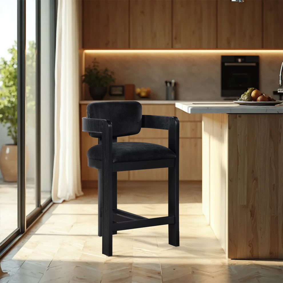Sacha Upholstered Bar and Counter Stool, Black, Velvet, Black