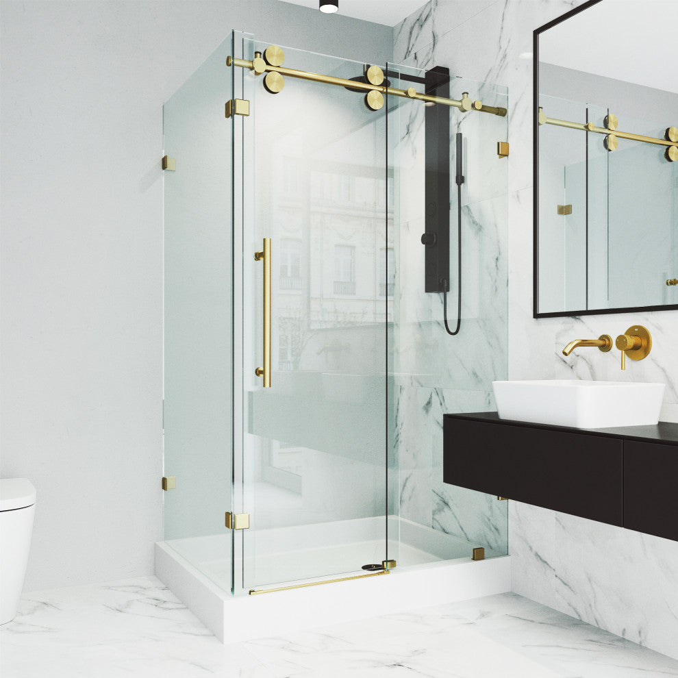 VIGO Winslow Frameless Sliding Shower Enclosure, Matte Brushed Gold, 36" D X 48" W X 80" H, Right Drain Base