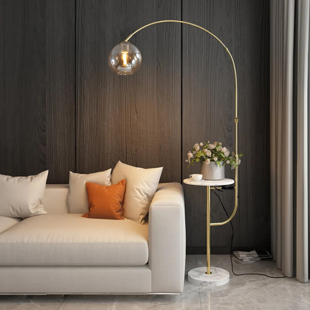 Modern Arc Floor Lamp With Shelf & Wireless Charger & USB Charging Port