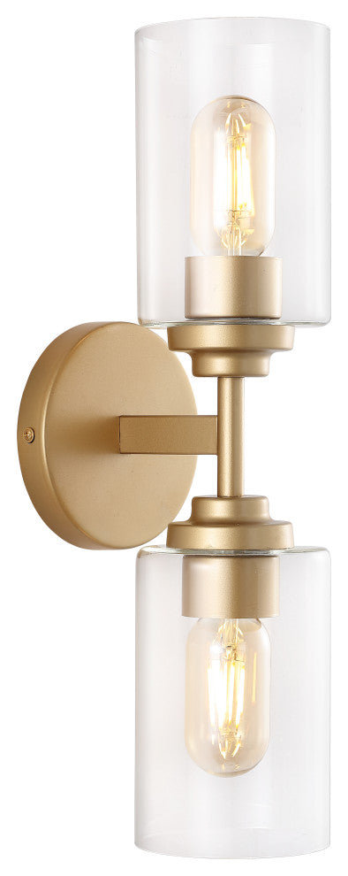Giles 16" 2-Light Farmhouse Industrial Cylinder LED Vanity, Brass Gold/Clear
