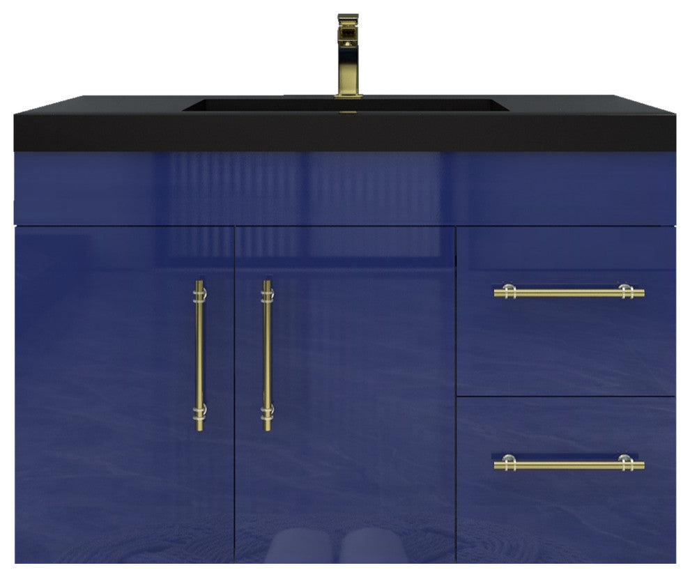 Rosa 36" Wall Mounted Modern Vanity, High Gloss Night Blue, Matt Black Top