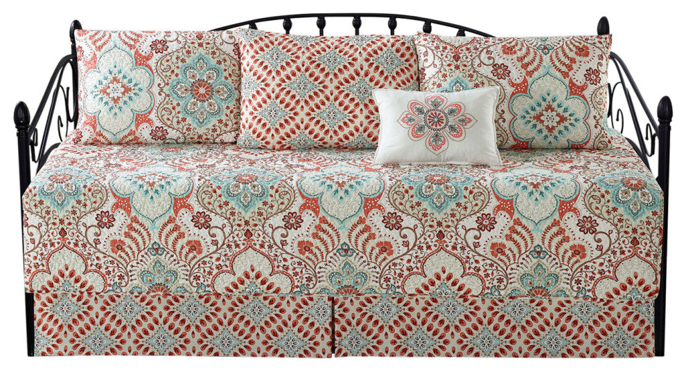 Bennington Damask 6 Piece Daybed Set, Coral, 75"x39"