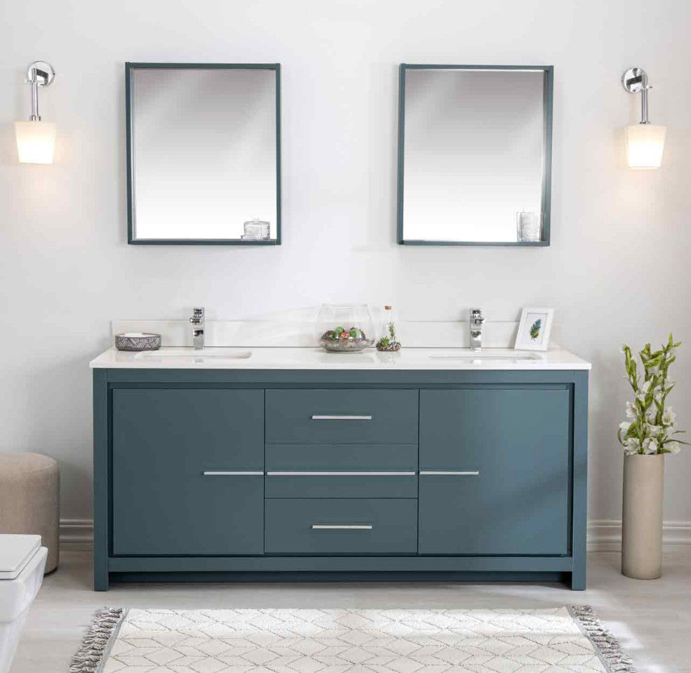 Mila Collection 72" Bathroom Vanity With Sink, Mirror, Countertop, Alasca Blue