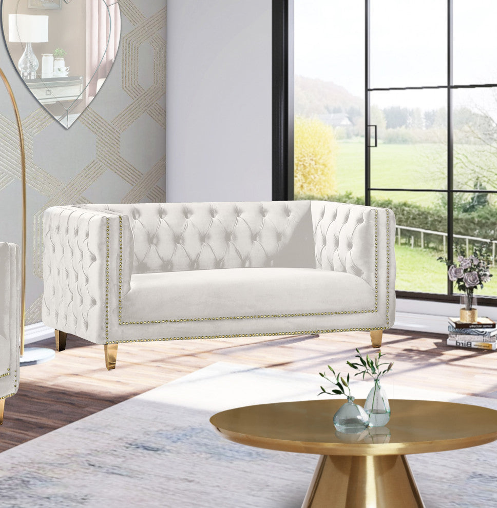 Michelle Fabric Upholstered Chair, Gold Iron Legs, Cream, Velvet, Loveseat