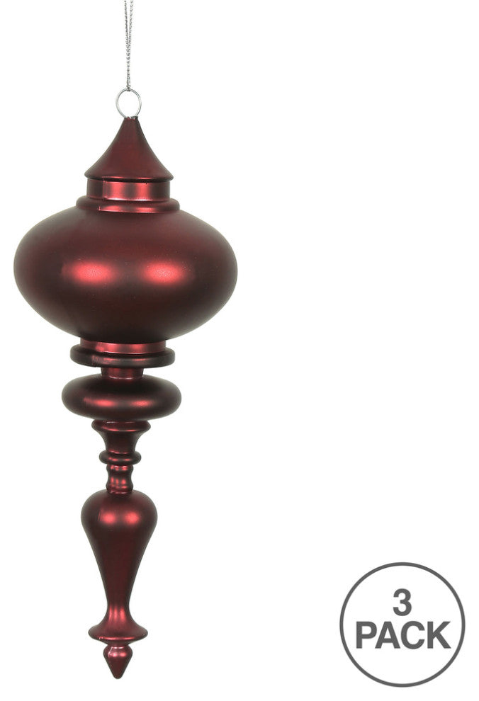 Vickerman N175065D 8" Burgundy Matte Finial Ornament, Pack of 3