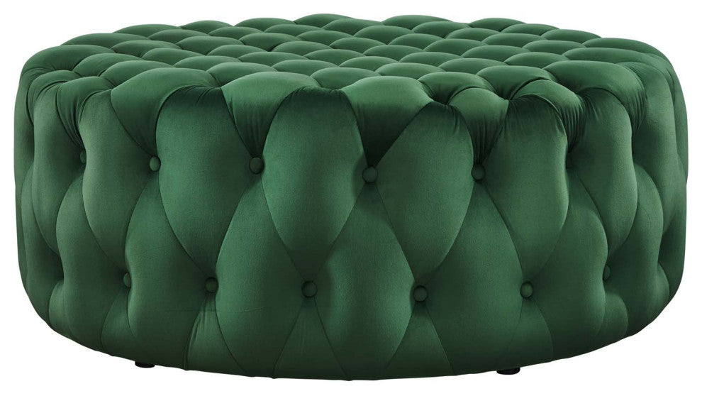 Round Ottoman Accent Tufted Chair, Green, Velvet, Modern, Lounge Hospitality