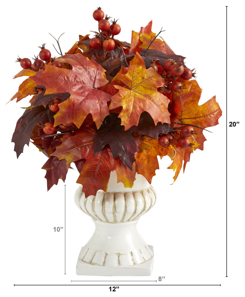 20" Autumn Maple Leaf and Berries Artificial Plant, White Urn