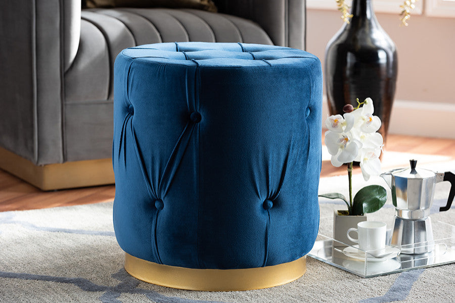 Navy Blue Velvet Fabric Upholstered Gold Finished Button Tufted Ottoman
