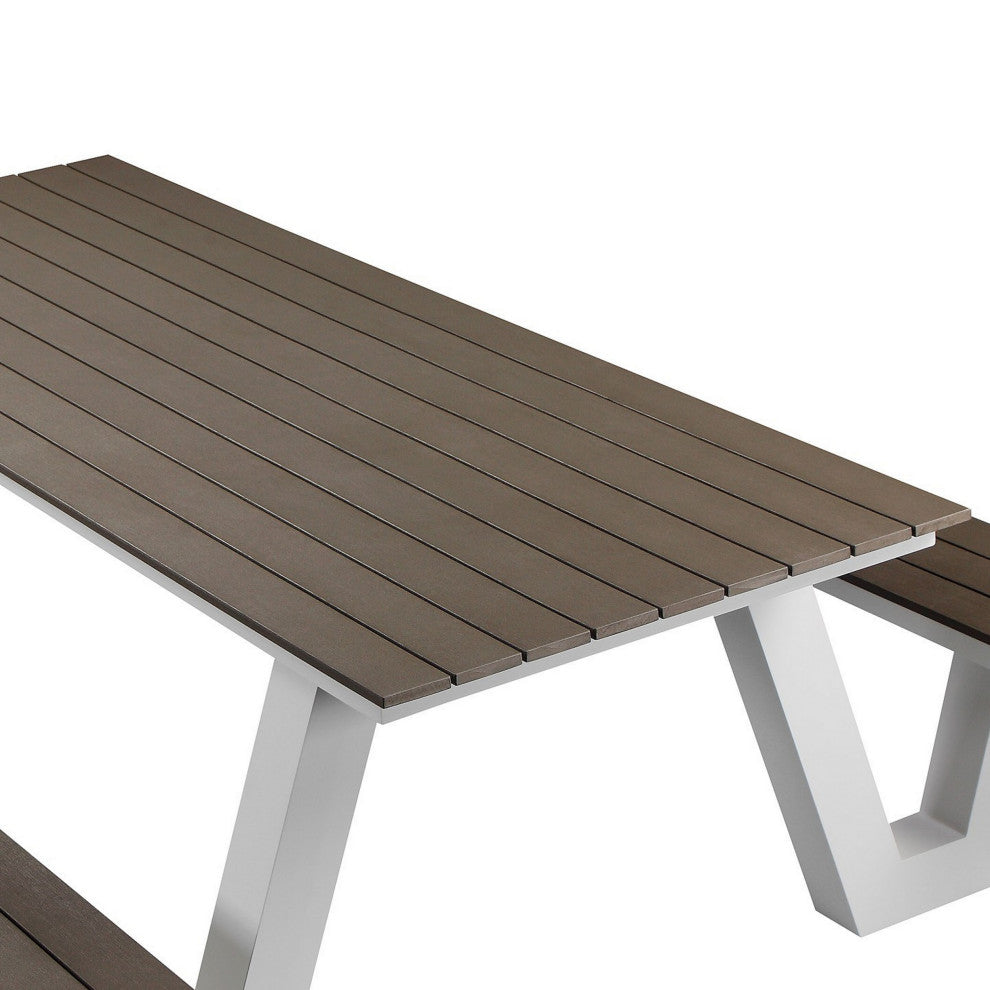 Benzara BM287776 Picnic Table, Smooth Gray Polyresin Slats, Aluminum Frame