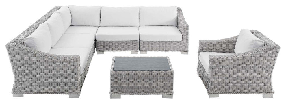 Lounge Sectional Sofa Chair Table Set, Rattan, Wicker, Gray White, Outdoor