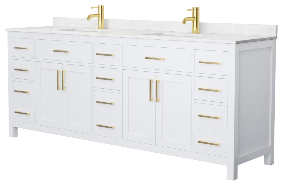 Beckett 84" White Double Vanity, Carrara Cultured Marble Top, Gold Trim