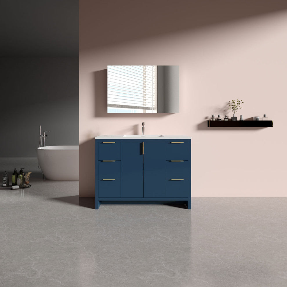 Freestanding Vanity with White Sink Top, Blue, 48"