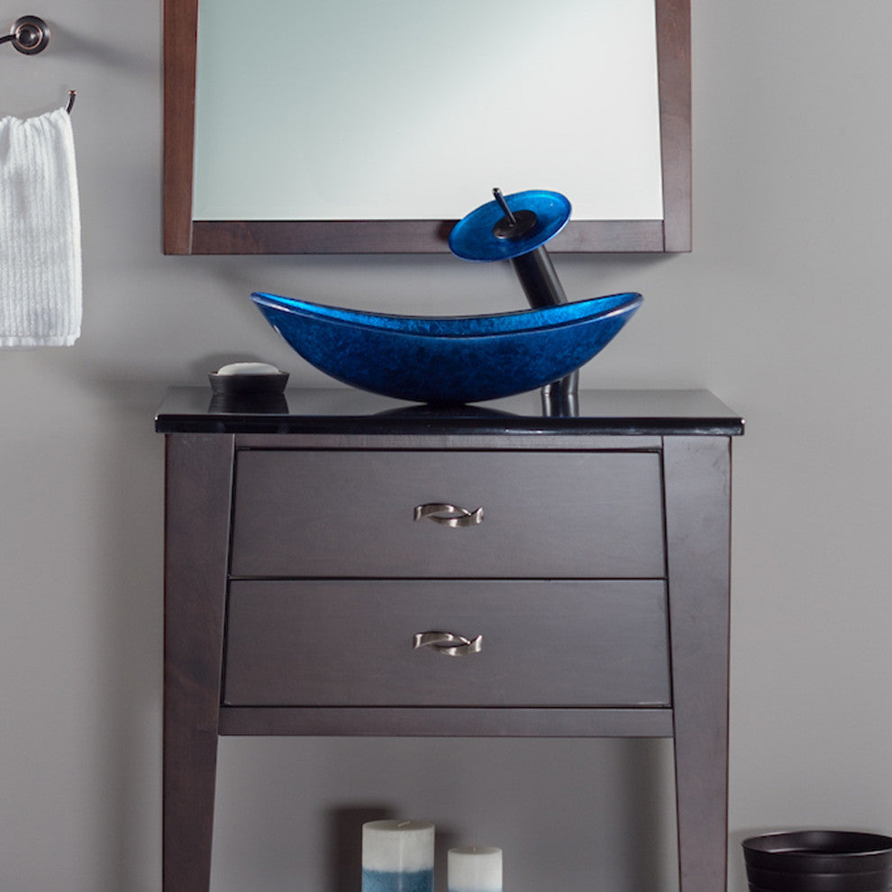 Azzurro Blue Foiled Oval Tempered Glass Vessel Bathroom Sink, TIG-S132-8031