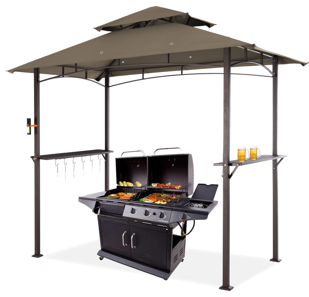 MEWAY 8x5 Grill Gazebo 2-Tiered Outdoor BBQ Canopy Tent, Brown, 8x5