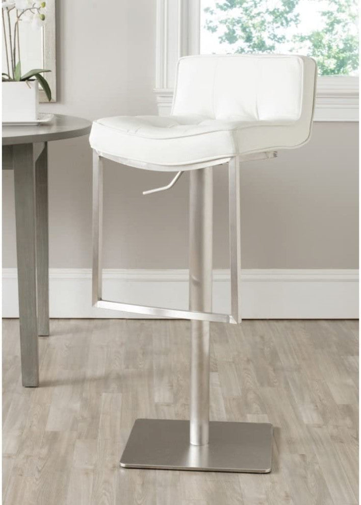 Elegant Bar Stool, Stainless Steel Frame and Curved Tufted PU Leather Seat, Whit