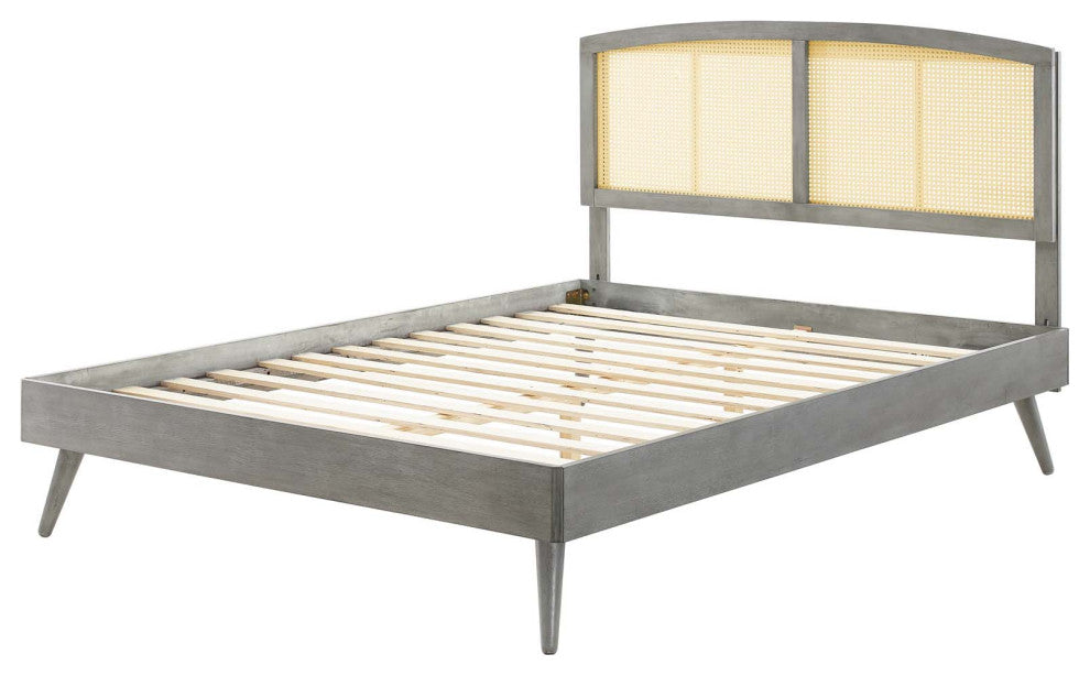 Platform Bed Frame, Full Size, Wood, Gray, Modern Mid-Century, Bedroom