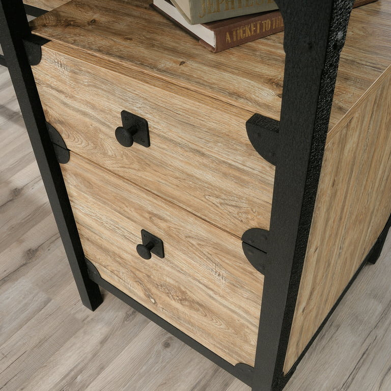 Industrial Desk, L-Shaped Design With Metal Frame & Lower Drawers, Mesquite