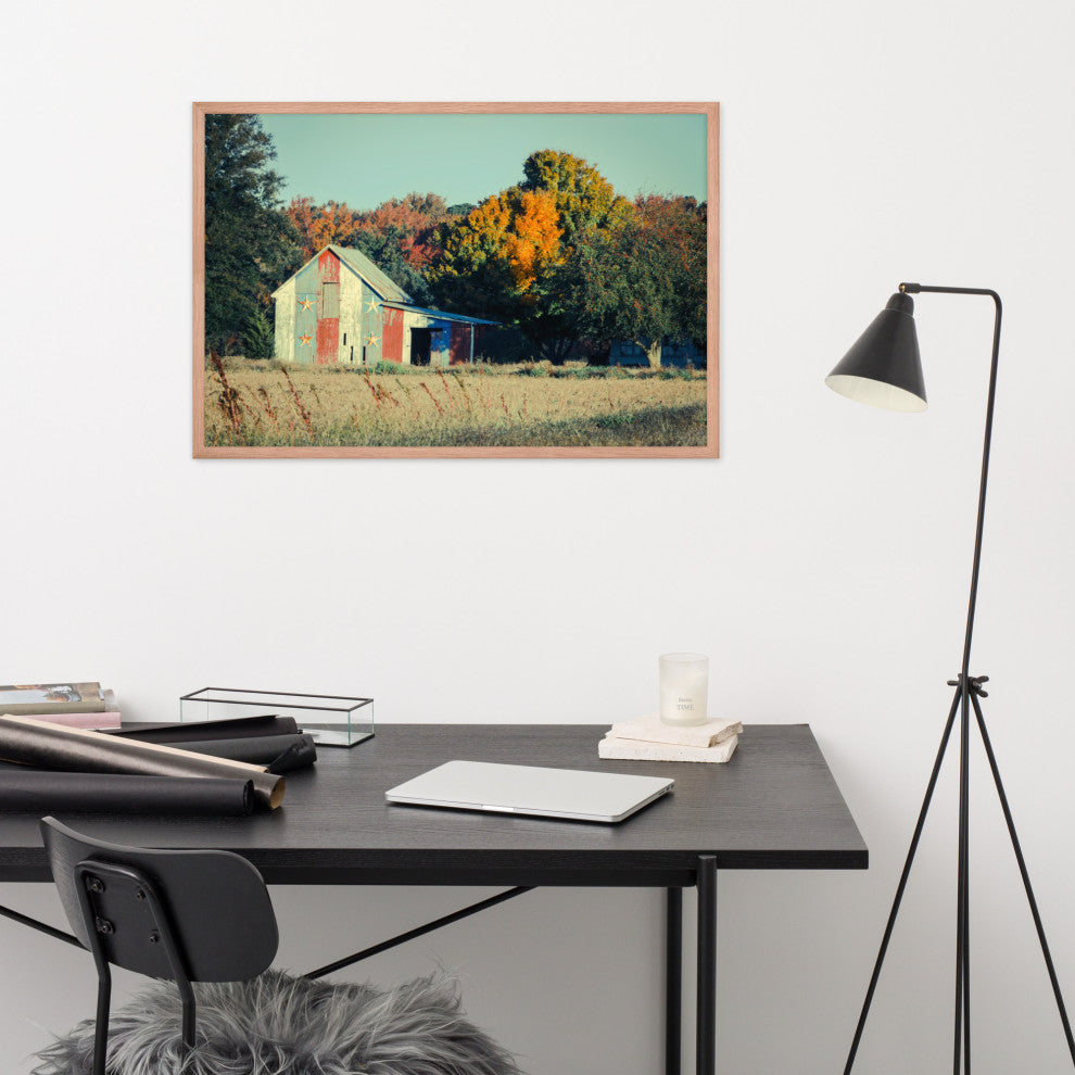 Patriotic Weathered Barn in Field Cross Processed Framed Photo Wall Art Prints, Red Oak, 24" X 36"