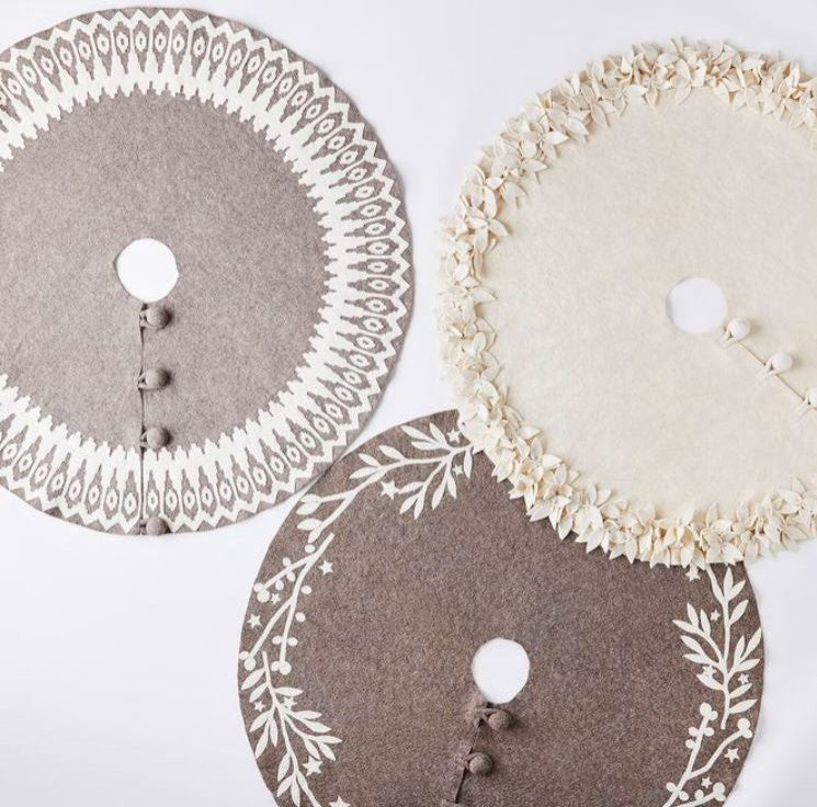 Overlapping Flowers Christmas Tree Skirt in Rustic Hand Felted Cream Wool