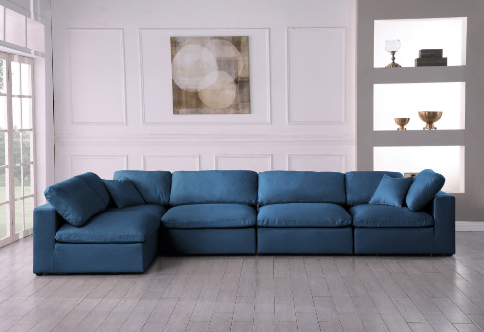 Plush Velvet / Down Standard Comfort L-Shaped Modular Sectional, Navy, 5-Piece: 3 Armless Chair, 2 Corner Chair