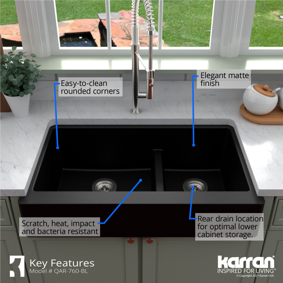 Karran Retrofit Farmhouse Quartz 34" Double Offset Bowl Sink, Black