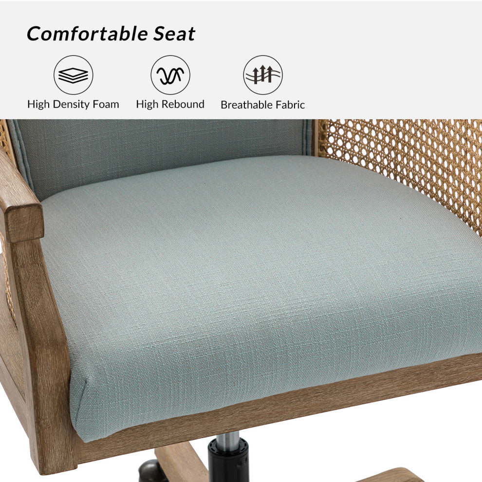 Xaver Farmhouse Home Office Desk Task Chair With Rattan Arms, Blue