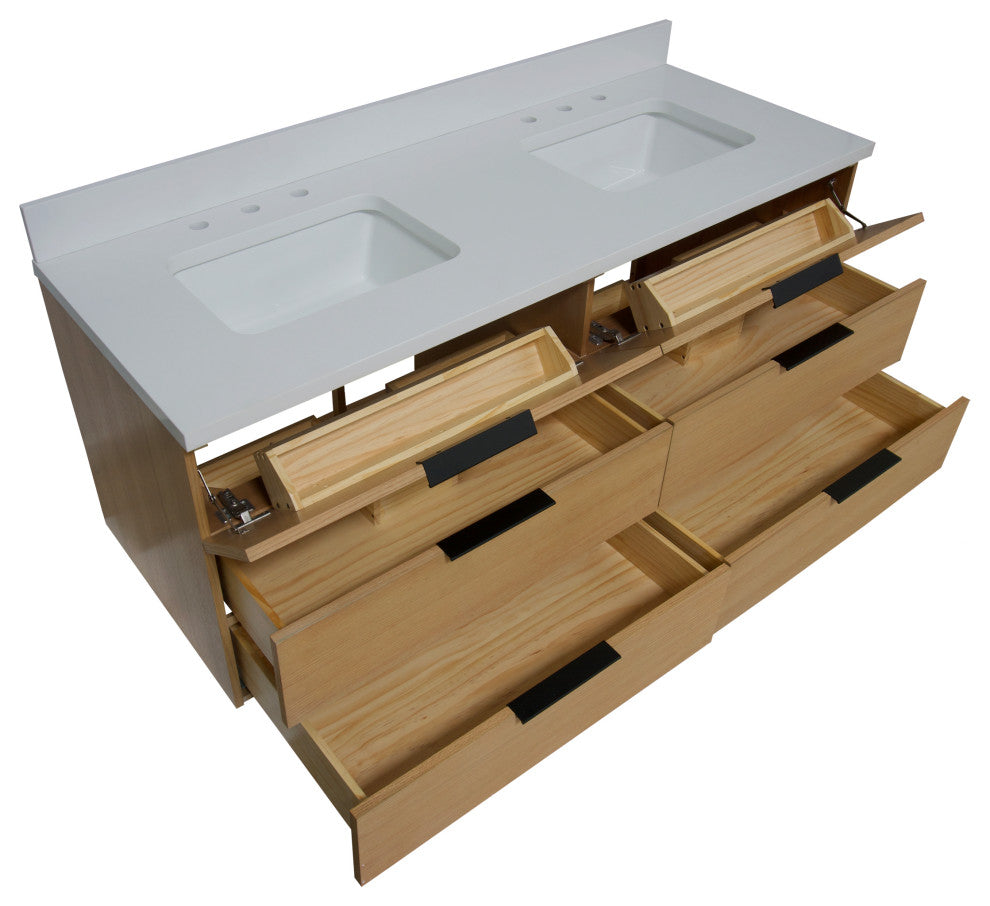 Oslo 60" Floating Wall Mounted Bathroom Vanity, Blonde, Matte White, Double