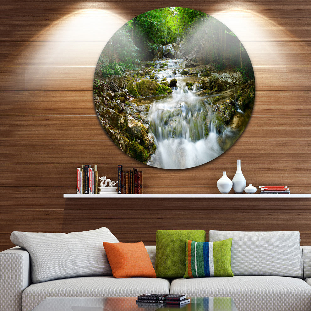 Natural Spring Waterfall, Landscape Photo Large Disc Metal Artwork, 11"