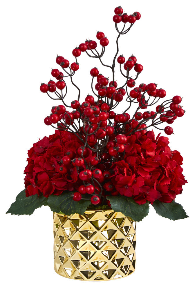 18" Hydrangea and Berries Artificial Arrangement, Gold Vase