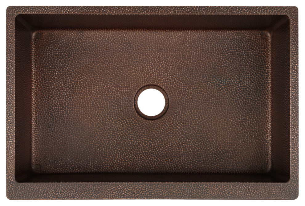 33" Hammered Copper Apron Front Single Basin Sink With Tree Texture