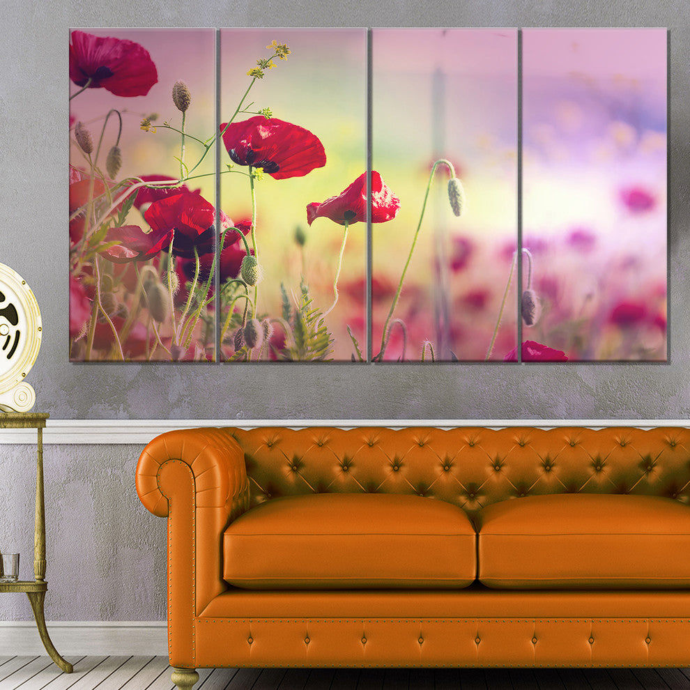 Beautiful Poppy Flower Garden, Floral Canvas Art Print, 48"x28", 4 Panels