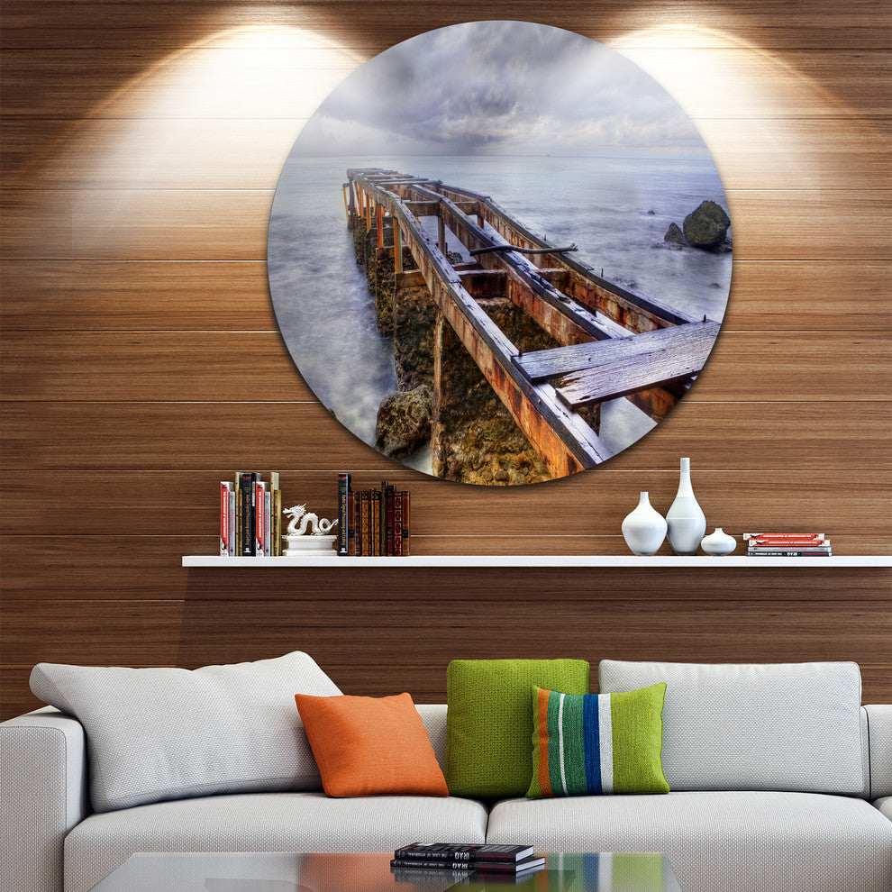 Old Rusty Pier In Cloudy Day, Seashore Photo Round Metal Wall Art, 11"