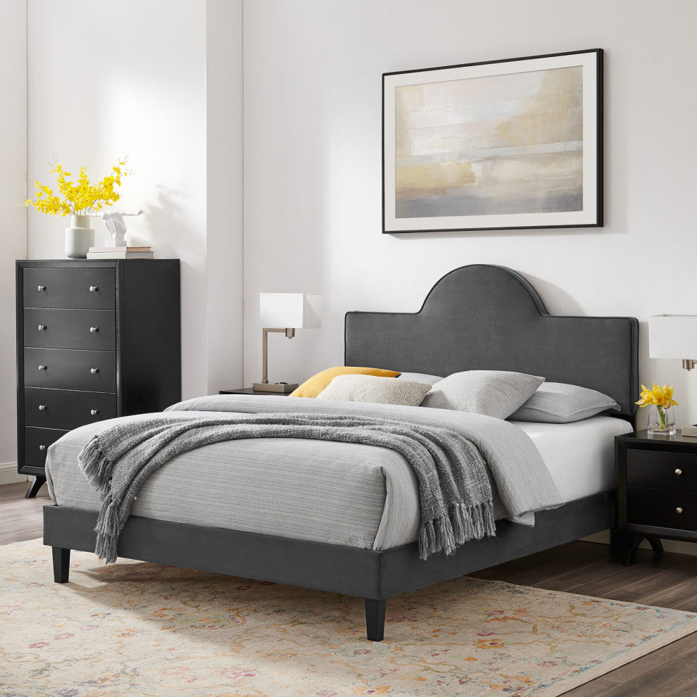 Platform Bed Frame, King Size, Charcoal Gray, Velvet, Modern, Guest Suite