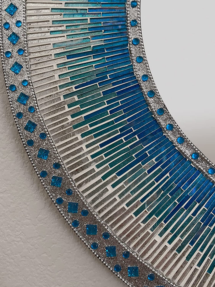DecorShore 24" Round Wall Mosaic Mirror in Shades of Ocean Blue, Aqua and Teal