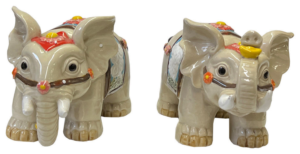 Pair Chinese Ceramic Clay Beige RuYi Ingot Decor Elephant Figures Hws3074
