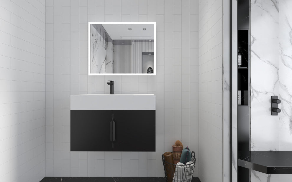 CastelloUSA Amazon 30" Left Wall Mounted Bathroom Vanity Set, Black, White Top, Black Handles